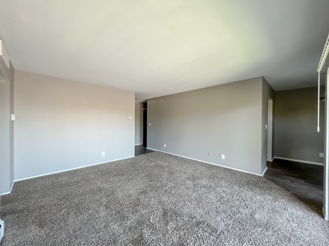 an empty living room with a carpeted floor and a hallway in the background