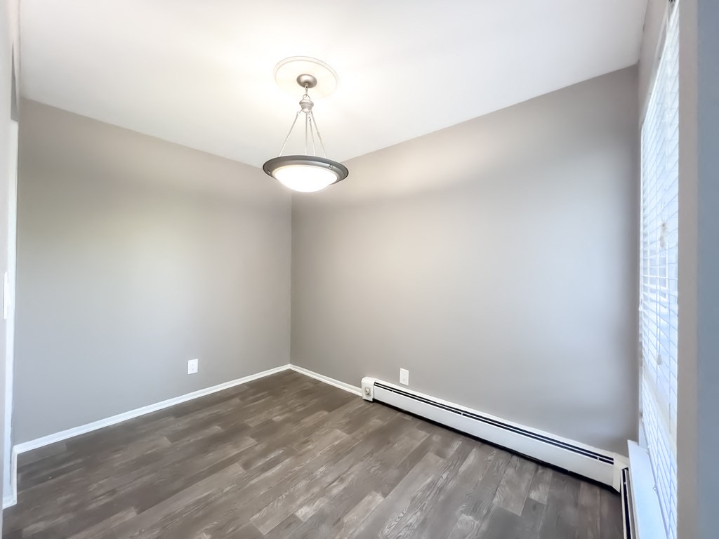 an empty room with hardwood floors and a light fixture