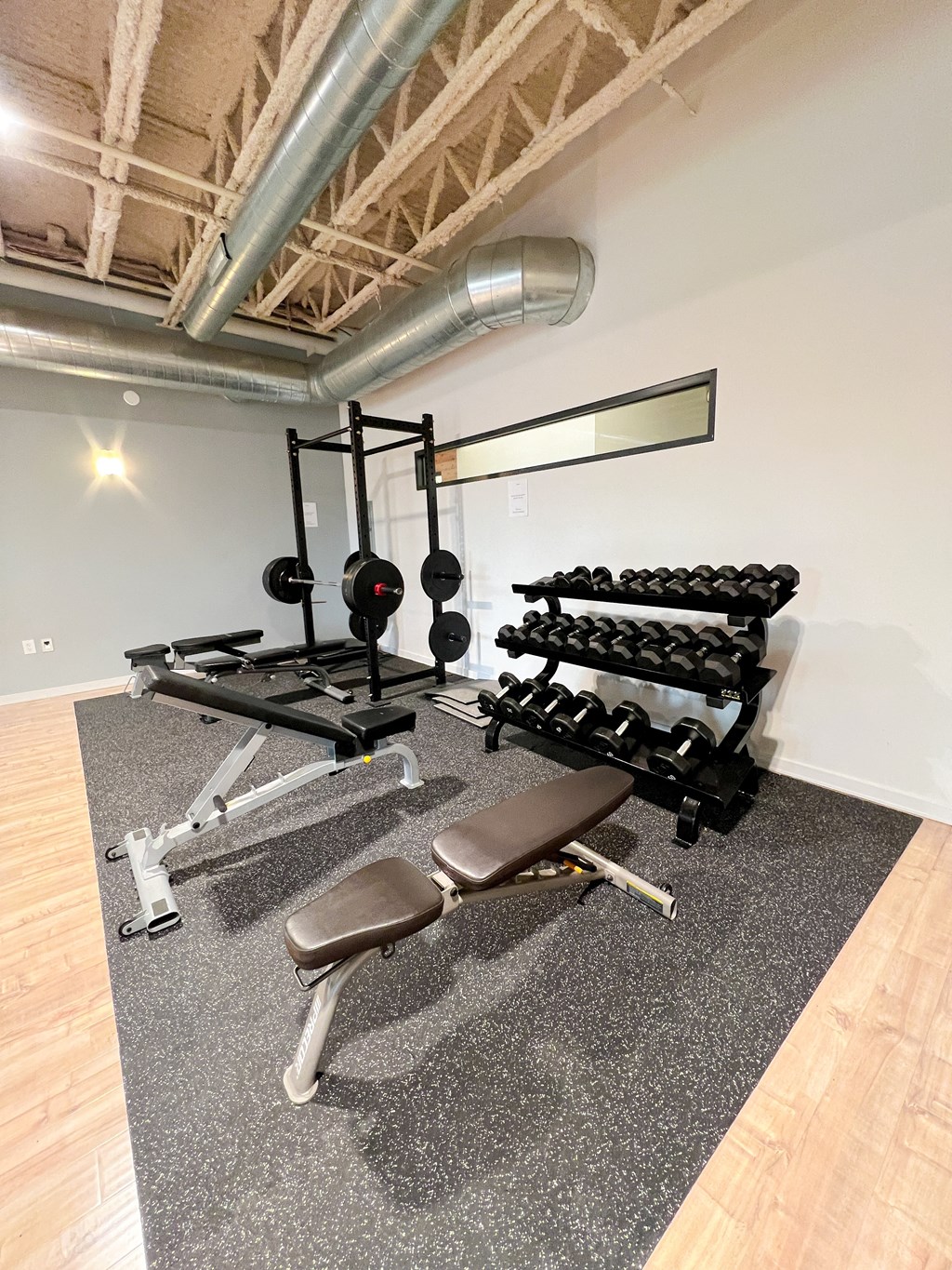 a home gym with free weights and a row of dumbbells