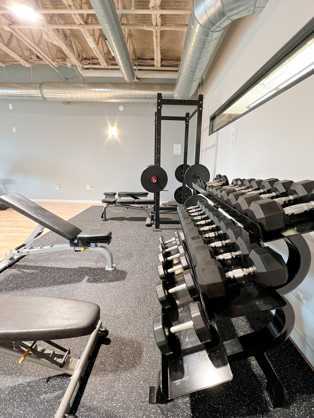 a room filled with cardio equipment and weights