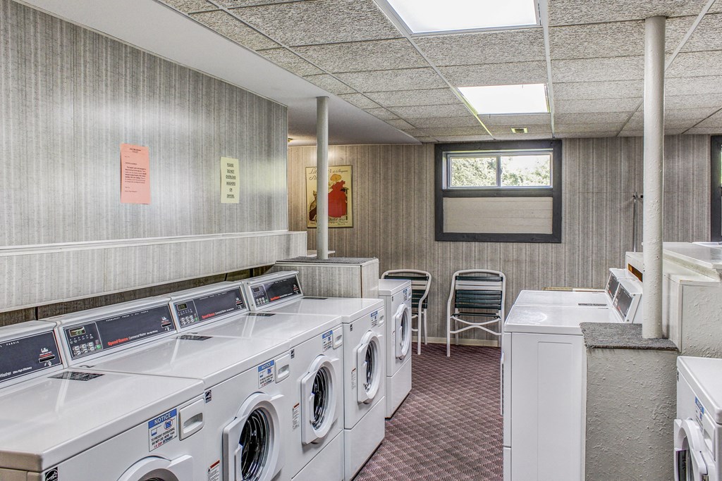 a washer and dryer room with a row of washing machines