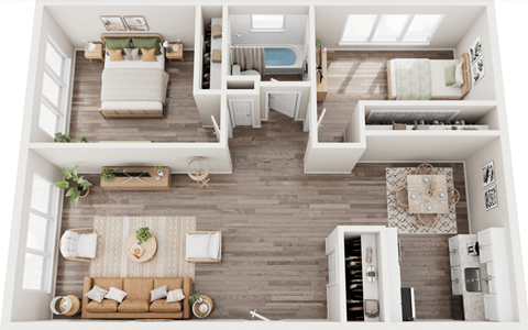 a 3d rendering of the living room and dining room of a 2100 sq ft