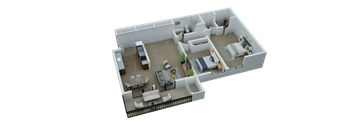 A 3D rendered image of a house layout with a kitchen, living room, and dining area.