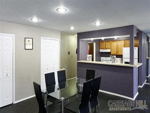 A dining room with a glass table and chairs.