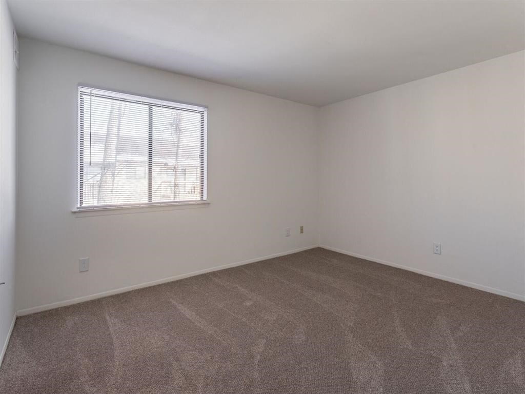 an empty room with a window and carpet