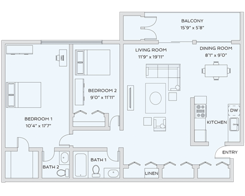 2 bed 2 bath floor plan at Sunnymede Apartments - Troy, MI, Troy, Michigan