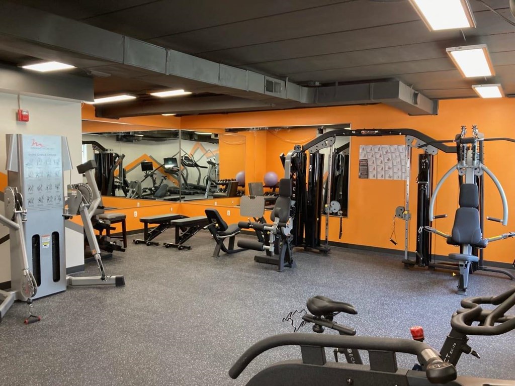 an image of a gym with weights and cardio equipment at Troy Place Apartments - Troy, MI, Michigan