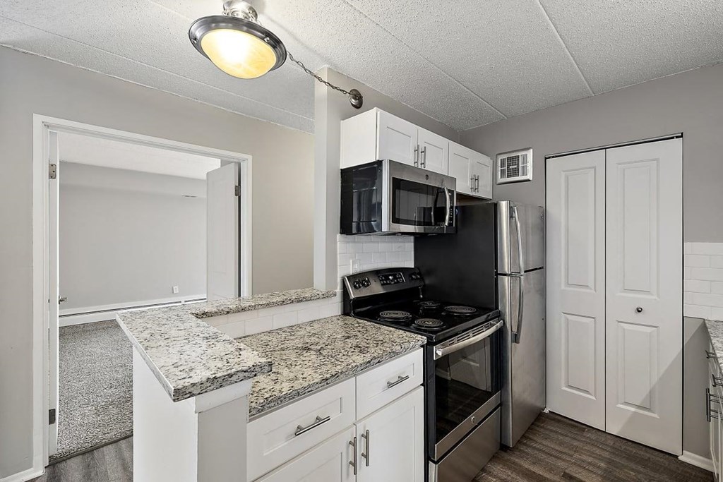 a kitchen with granite counter tops and black appliances with ceiling light at Troy Place Apartments - Troy, MI, Troy