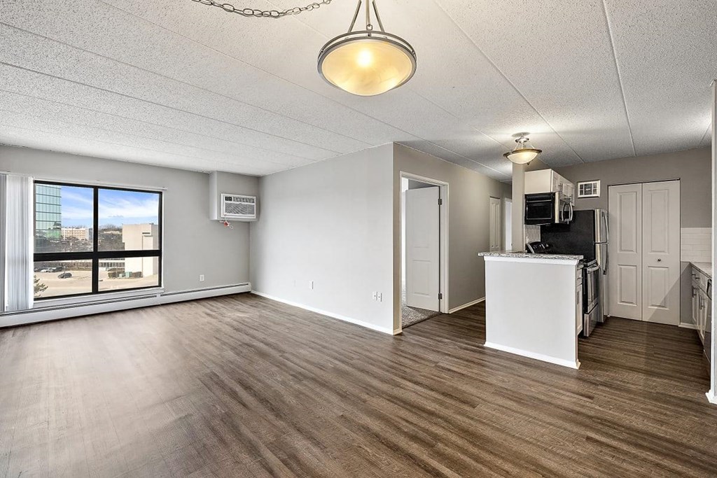 the living room and kitchen of an empty apartment at Troy Place Apartments - Troy, MI, Troy, Michigan