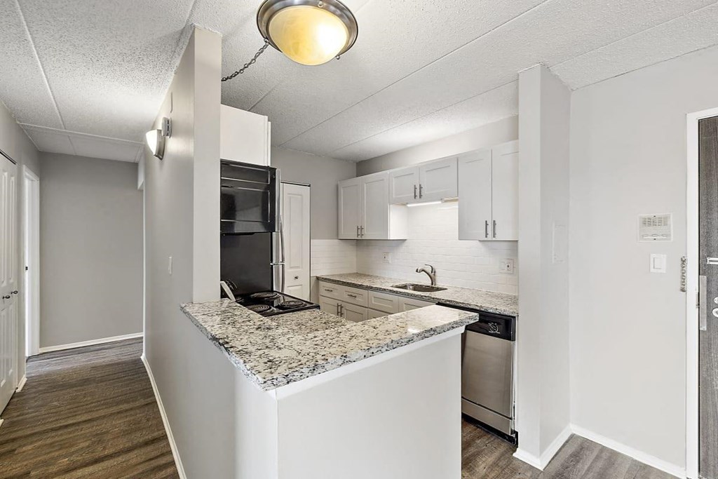 a kitchen with a granite counter top at Troy Place Apartments - Troy, MI, Michigan