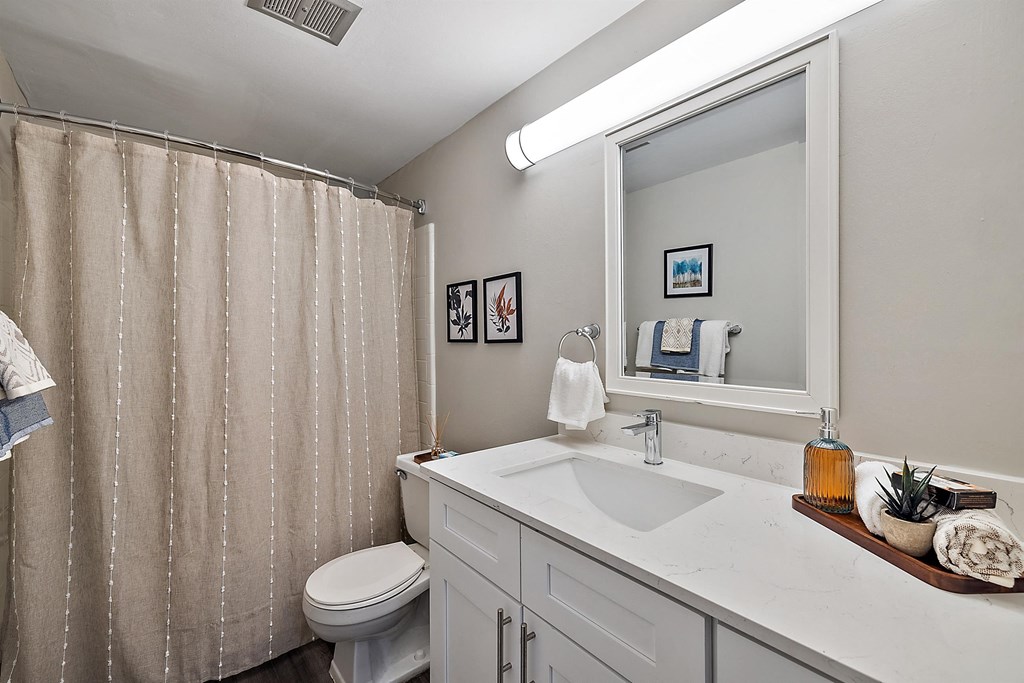 a bathroom with a white sink and toilet and a shower at Town & Country Apartments - Wixom, MI, Michigan