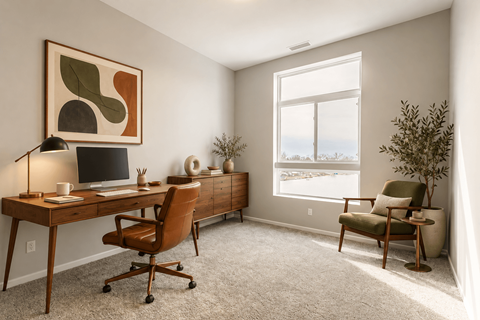 A room with a desk, chair, and a window overlooking a cityscape.