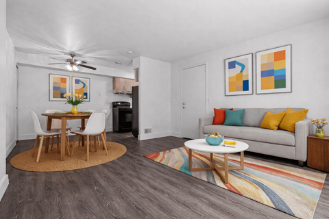 A living room with a grey couch, a wooden table and a rug.