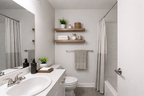 A bathroom with a white sink, toilet, and shelves with towels and plants.