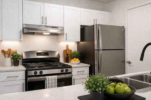 A modern kitchen with a black stove top and a black refrigerator.