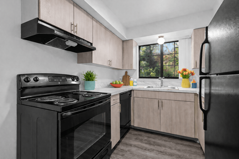 A black stove and refrigerator in a kitchen with wooden cabinets.