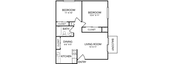 A floor plan of a house with two bedrooms, a living room, a dining area, a kitchen, and a balcony.