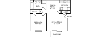A floor plan of a house showing a bedroom, living room, kitchen, dining room, and bathroom.
