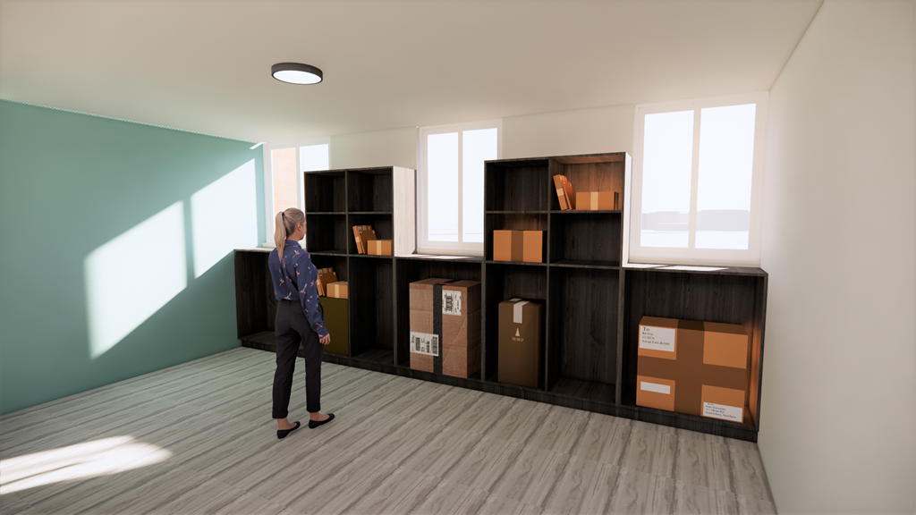 A woman is standing in a room with a shelving unit.