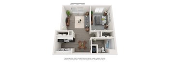 a stylized floor plan of a 1 bedroom apartment  at Park On Canal Apartments, Clinton Twp, 48038