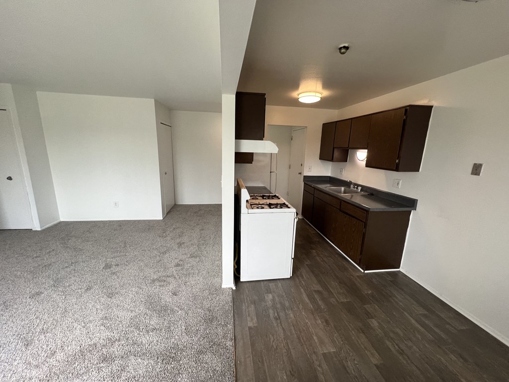 an open concept kitchen and living room in a 3 bedroom apartment