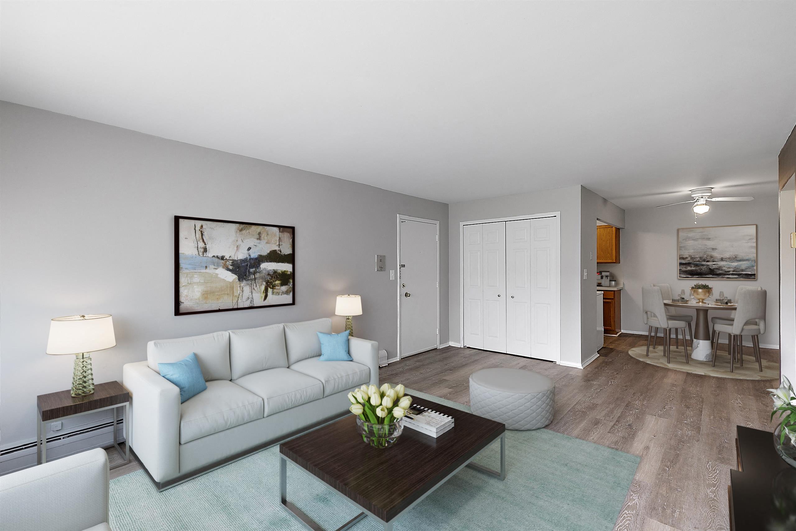a living room with a couch and a coffee table