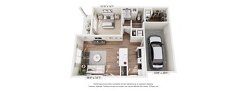 A 3D floor plan of a small apartment with a kitchen, living room, and bedroom.