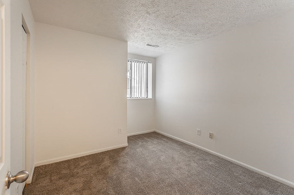 an empty room with carpet and a window