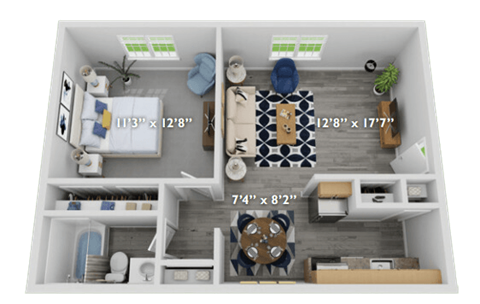 a 1 bedroom floor plan with a bathroom and a living room