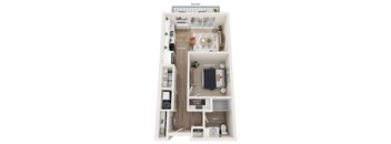 A diagram of a small apartment with a kitchen, bedroom, and bathroom.