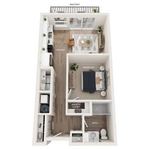 A diagram of a small apartment with a kitchen, bedroom, and bathroom.