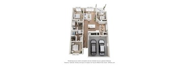 A 3D floor plan of a house with two bedrooms, a living room, a kitchen, and a garage.