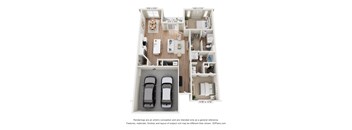 A 3D floor plan of a house with two bedrooms, a living room, a kitchen, and two parking spaces.