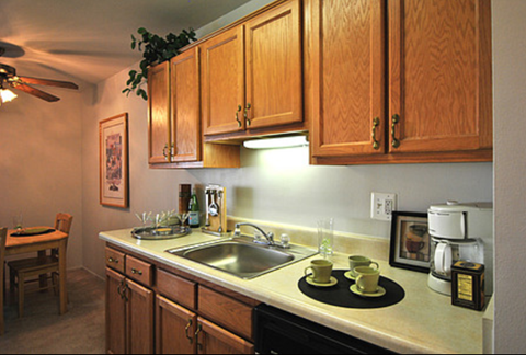 a kitchen with wooden cabinets and a sink