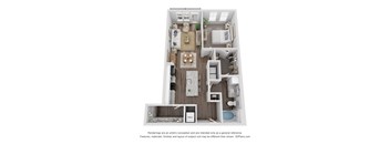 A 3D floor plan of a small apartment with a kitchen, living room, and bathroom.