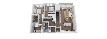 A 3D floor plan of a house with a kitchen, living room, and bedrooms.