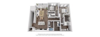 A 3D floor plan of a house with a kitchen, living room, and bathroom.