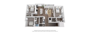A 3D floor plan of a small apartment with two bedrooms, a living room, and a kitchen.