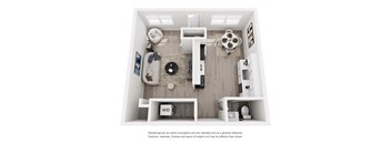 A white interior design rendering of a small apartment.