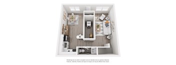 A top-down view of a kitchen with a dining table and chairs, a refrigerator, a sink, and a counter with a toaster and a coffee maker.