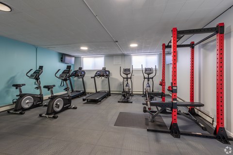 A gym with exercise equipment including stationary bikes, rowing machines, and a squat rack. at The Park on 13 Apartments - Royal Oak, MI Apartments, Royal Oak, Michigan