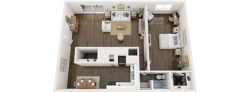 A top-down view of a small apartment with a kitchen, living room, and bedroom.