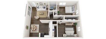 A top-down view of a small apartment with a living room, kitchen, and bedroom.