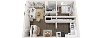 A top-down view of a small apartment with a kitchen, living room, and bedroom.