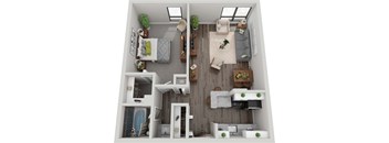 a 1 bedroom floor plan with a bathroom and a living room at Troy Place Apartments - Troy, MI, Troy