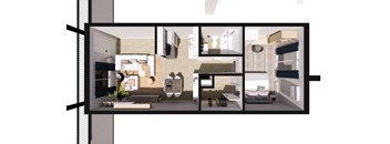 A modern apartment layout with a kitchen, living room, and bedrooms.