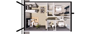 A 3D rendered image of a modern apartment layout.