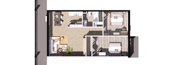 A floor plan of a house with a kitchen, living room, and two bedrooms.