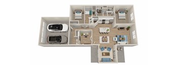 A top-down view of a house layout with a garage, living room, kitchen, and bedrooms.