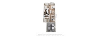 A floor plan of a house with two bedrooms, a living room, a kitchen, and a garage.